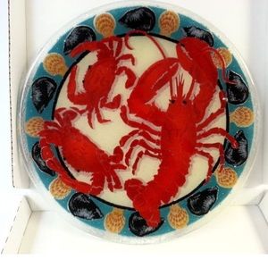 Peggy Karr RARE Lobster and crabs Artist Glass 16” Round Serving Platter